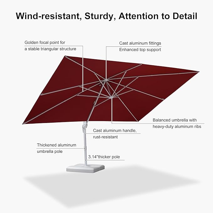 PURPLE LEAF 10' × 13' Patio Umbrella With Base White Cantilever Umbrella Square Outdoor Offset Umbrella Windproof with 360° Rotation for Garden Deck Pool, Ruby Red