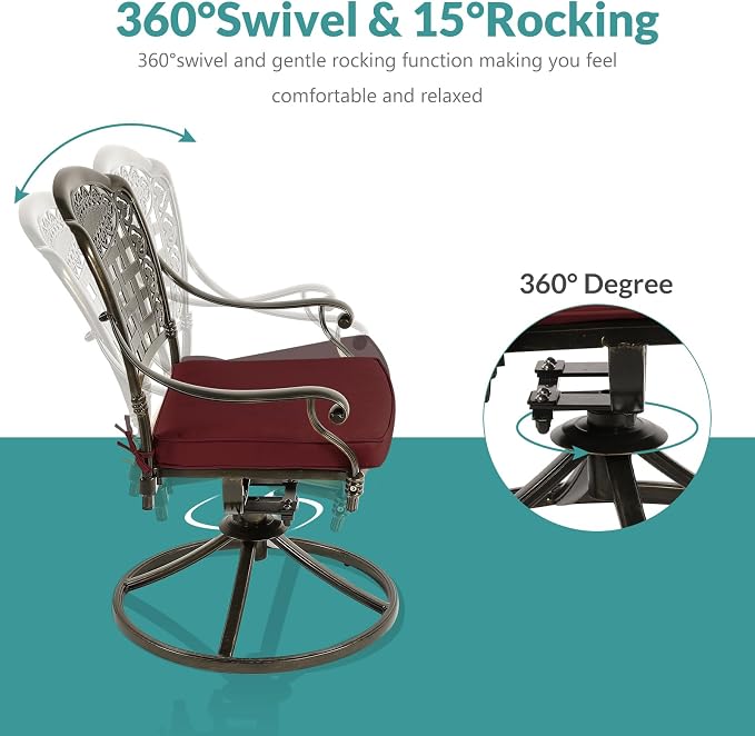 MEETWARM 9-Piece Outdoor Patio Dining Set, All-Weather Cast Aluminum Patio Conversation Set with 6 Stationary, 2 Swivel Rocker Chairs, 1 Oval Table, 8 Cushions, 2" Umbrella Hole, Chili Red