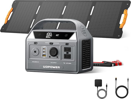 UDPOWER C400 400W Solar Generator with 120W Panel(New Version), 256Wh LiFePO4, Surge 800W, for Camping RV Emergency Backup, Pure Sine Wave
