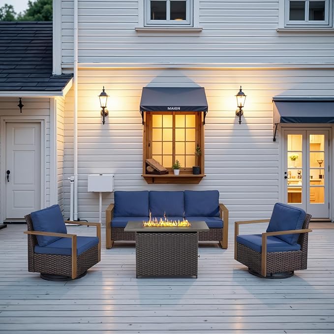 Belord Full 4 Pieces Patio Furniture Set with 41” Propane Fire Pit Table, Outdoor Conversation Set with Swivel Glider Outdoor Chair Set of 2 and Rattan Sofa for Deck Backyard