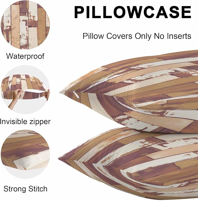 Brown Beige Outdoor Pillow Covers 16x16 Inch Throw Pillow Covers Set of 2 Waterproof Decorative Pillow Cases Vintage Farmhouse Shabby Wooden Grain Cushion Covers for Patio Furniture Garden Couch Sofa