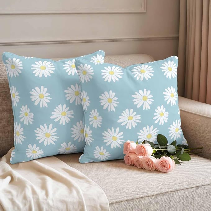 Throw Pillow Covers 16x16 Inch Set of 2, White Teal Daisy Waterproof Outdoor Pillow Covers, Spring Summer Floral Farmhouse Decorative Cushion Pillowcases for Couch, Sofa, Bed, Garden, Patio