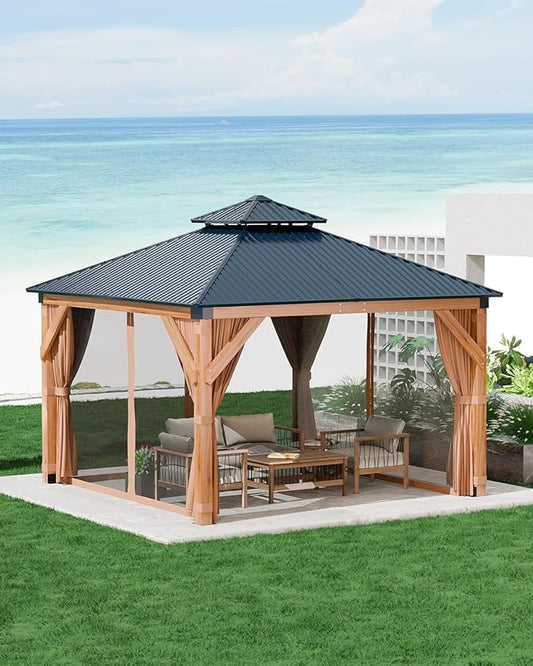 Hardtop Spruce Wood Gazebo 10'x10', with Double Roof of Metal Sheets, 4.7'' Heavy Duty Poles, Net, and Curtain, Permanent Building for Patio, Deck, Backyard, Lawn, and Garden, Khaki