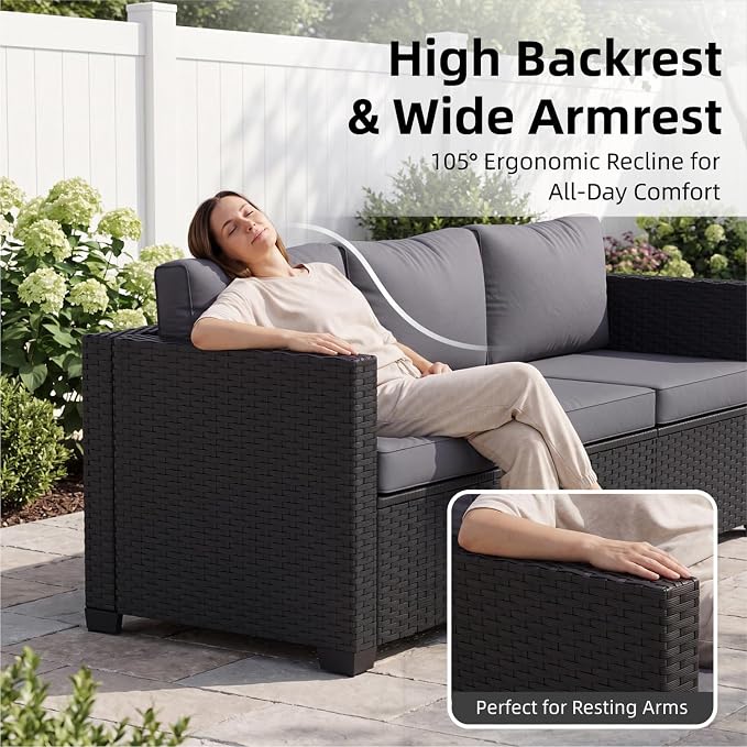 LazySunsets 7-Piece Outdoor Patio Furniture Set, Rattan Outdoor Sectional with Thick Waterproof Cushions, Wicker Ottomans & Waterproof Cover, Patio Conversation Set for Garden, Backyard,Grey