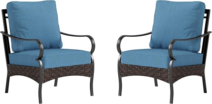 PHI VILLA Outdoor Wicker Chairs Sofa of 2, All Weather High Back Rattan Chairs 2 Seats with Comfy Cushions for Porch Deck