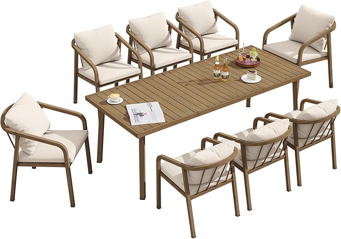 9 Pieces Never-Rust Aluminium Outdoor Dining Set, Patio Table and Chairs for 8, Patio Dining Set with Rectangle Table, Outdoor Dining Chairs with Removable Cushions for Deck, Backyard, Teak
