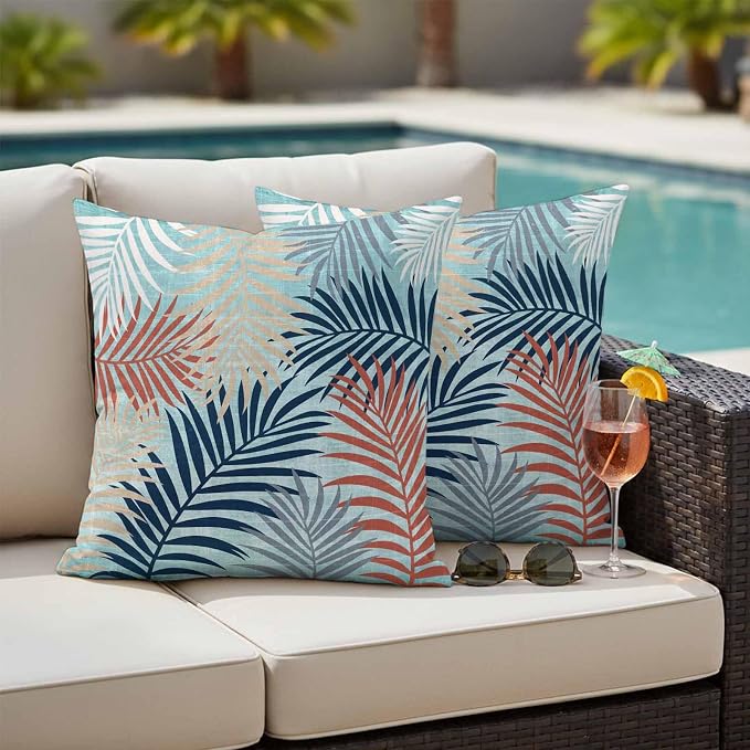 Outdoor Waterproof Throw Pillow Covers, Red Blue Teal Palm Leaves Decorative Pillow Cases, Summer Botanical Tropical Leaf Couch Pillow Protector Patio Sofa Cushion Covers Replacement 24"x24" 2 Pack