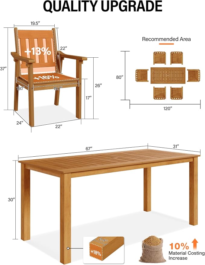 YEFU HIPS Patio Table Set: 10 Piece Outdoor Table and Chairs Dining Furniture Set with Umbrella Hole - Teak Modern Plastic Dining Sets 8 Person for Outside Deck with Metal Aluminum Frame