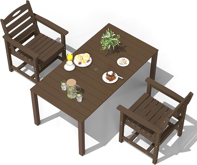 Domi HDPE Outdoor Dining Set, All-Weather 3 Piece Outdoor Dining Table Set with 2" Umbrella Hole, Outdoor Patio Dining Set for Garden, Poolside, Backyard, Deck, Brown