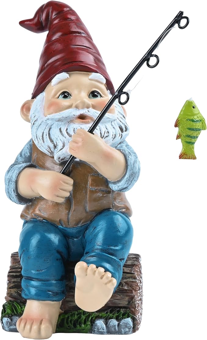 TERESA'S COLLECTIONS Resin Outdoor Statues for Garden Decor, Garden Gnome with Fishing Pole Funny Decorations for Outside, Yard Gnome Decor for Patio Lawn Ornaments, Ideal Gift for Women and Man, 6"
