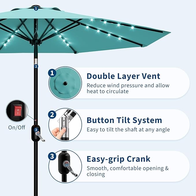 10 ft Patio Umbrella with Solar Lights, Outdoor LED Lighted Umbrella, 40 LED Lights & Tilt Crank, 8 Ribs for Poolside, Deck, Backyard