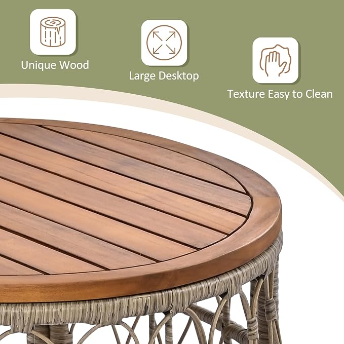 4-Person Outdoor Seating Group Boho Wicker Patio Conversation Set with Removable Cushions and Acacia Wood Table Beige