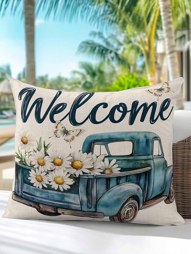 Outdoor Waterproof Throw Pillows Farm Blue Truck Daisy Flower Butterfly Patio Pillows,Decorative Pillow Covers with Insert,Pillow Cushion Case for Garden Couch Sofa Welcome Text on Burlap