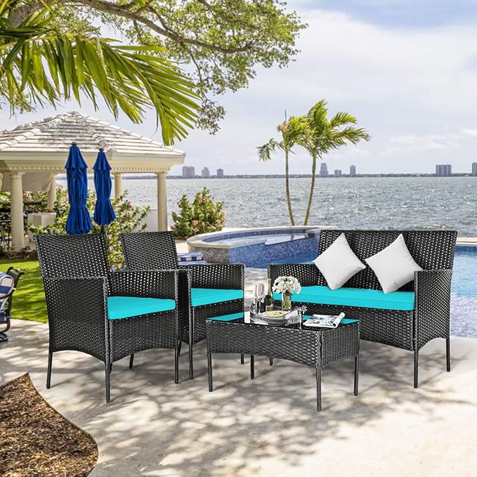 DORTALA Wicker Patio Furniture Set 8 Piece, Rattan Outdoor Table and Chairs Set with Loveseat, Cushions, All Weather Balcony Conversation Sofa Set for Porch, Backyard, Deck, Turquoise