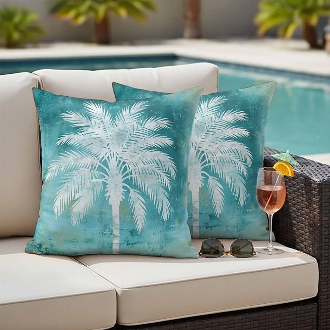 Teal Summer Palm Tree Outdoor Waterproof Pillow Covers, Coastal Beach Tropical Botanical Decorative Square Throw Pillowcase, Vintage Sofa Cushion Sham for Patio/Couch/Chair, 24"x24" 2 Pack