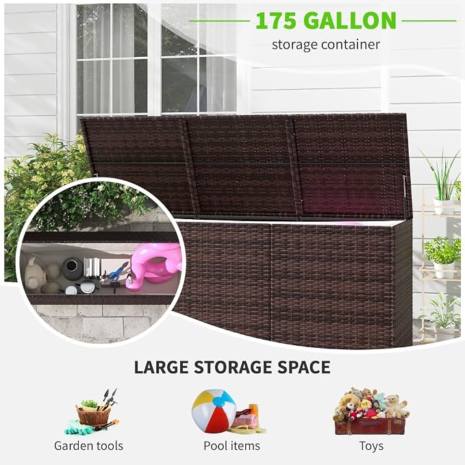 175 Gallon Deck Box Storage, Large Outdoor Weatherproof Storage Box with Lid,Wicker Outdoor Cushion Storage Box for Porch,Patio,Garden,Poolside,Tools,Toys (Brown, 70.90 Inch)