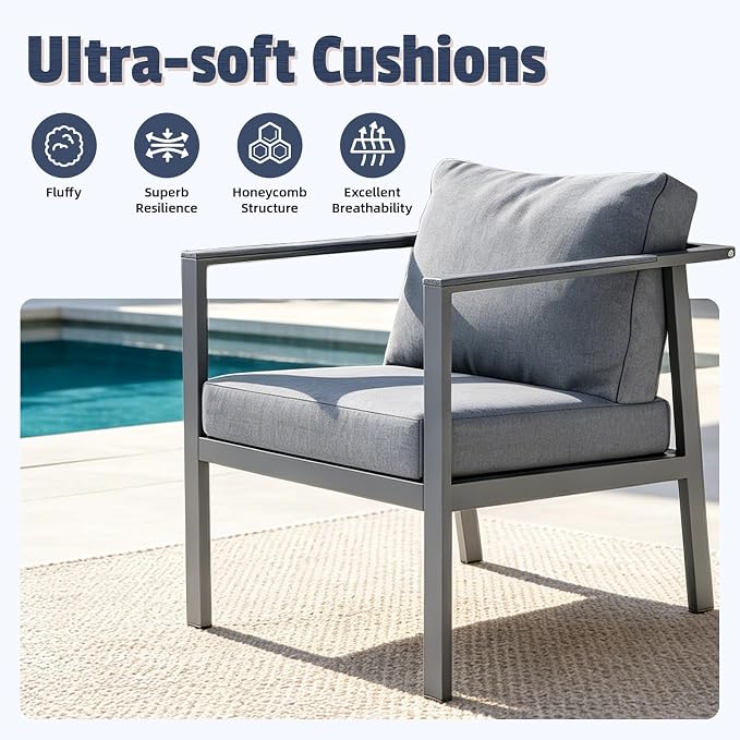 Aug-guan Aluminum Patio Furniture Set 5 Piece, Outdoor Conversation Set with 5" Cushions, Olefin Fabric, Rustproof Frame, Non-Slip Feet, Compact Patio Sofa Set for Balcony, Backyard, Porch,Grey