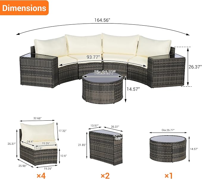 Eafurn 7 Pieces Outdoor Patio Conversation Furniture Sets All Weather Wicker PE Rattan Half-Moon Curved Sectional Sofa with Round Coffee Table, 4 Pillows & Waterproof Cover for Backyard