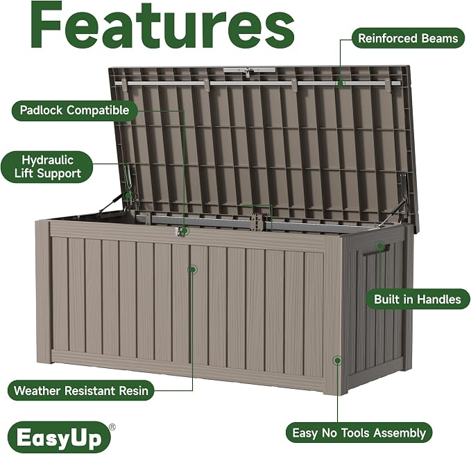 EasyUp 150 Gallon Outdoor Storage Box, Resin Waterproof UV-Resistant Deck Box with Hydraulic Lid Support, Reinforced Stability for Patio, Garden, and Poolside, Gray