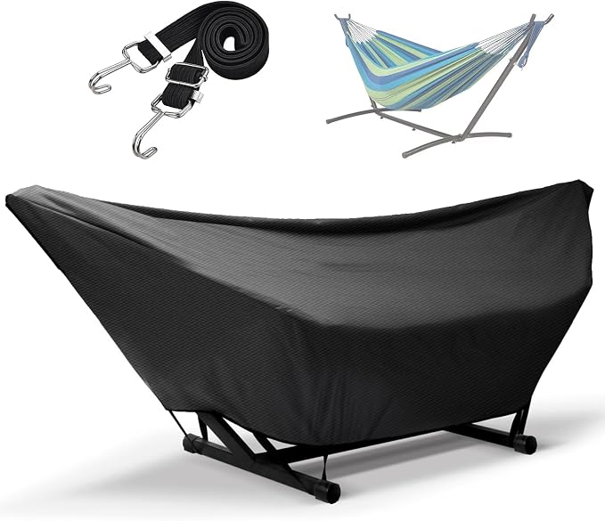 Hammock Cover Waterproof,10-15FT Outdoor Hammock Covers with Elastic Ropes,Adjustable Buckle and Zip,420D Oxford HammockBeds Cover for Garden,Patio,Beach Hammocks Stand (Black, 13-14FT)