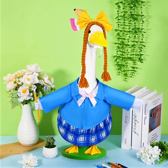 JcHrmers Back to School Goose Outfit Student Porch Goose Outfits School Nniform Lawn Goose Clothes Fits 23" Cement Plastic Goose Statue for School Classroom Outdoor Garden Yard Patio Decor