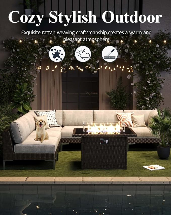 LayinSun 11-Piece Outdoor Modular Wicker Sectional Sofa with Fire Pit Table, Patio Furniture Conversation Set with Deep Seating and Thick Cushions