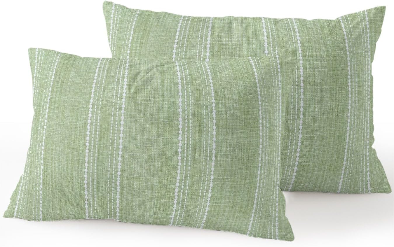 Waterproof Outdoor Pillow Set of 2 Olive Green Linen Stripes Decorative Throw Pillows Cover & Insert 20x12 Inch Lumbar Pillowcase Parallel Vertical Lines Pillows for Couch Sofa Bed Patio Furniture