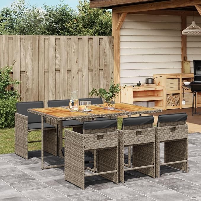 7 Piece Patio Dining Set, Outdoor Garden Rattan Table and 6 Chairs with Foldable Backrest, Space-Saving Cube Furniture for Backyard, Porch, Deck, Grey