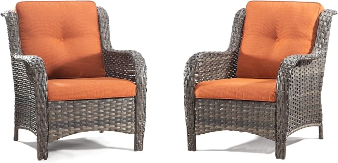 Outdoor Wicker Chair Rattan Dining Chairs Set of 2 PE Wicker Patio Chairs with 4inch Seat Cushions Seating Chair for Garden, Backyard Swimming Pool, Balcony, Orange