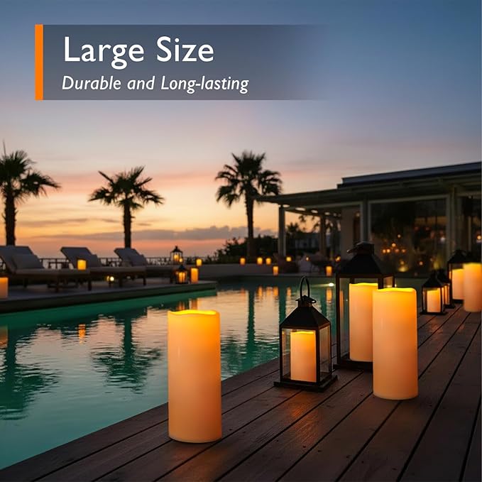 Homemory 12" x 5" Large Waterproof Outdoor Flameless Candles with Remote Control and Timer, Battery Operated Flickering LED Pillar Candles for Outdoor Larterns, Porch, Long Lasting, Set of 2