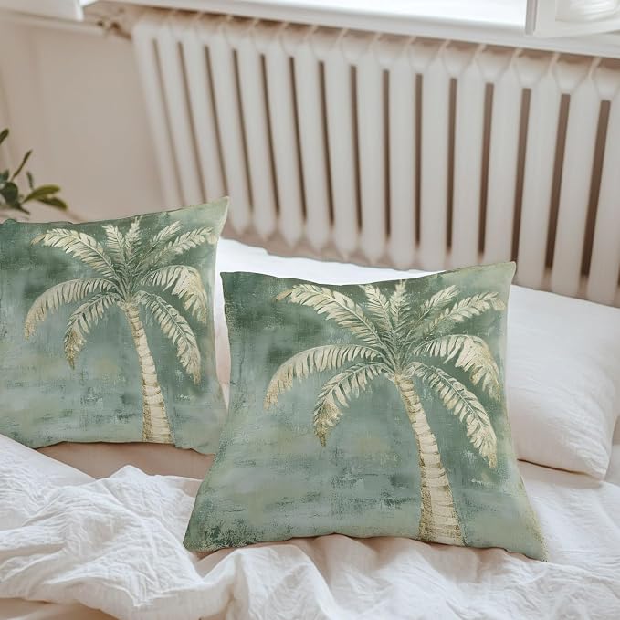 Coastal Beach Tree Sage Green Outdoor Waterproof Pillow Covers, Vintage Summer Palm Tree Decorative Square Throw Pillowcase, Tropical Botanical Sofa Cushion Sham for Patio/Couch/Chair, 24"x24" 2 Pack
