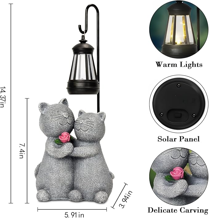 twinbling Outdoor Cat Garden Statues with Solar Lantern, Solar Lantern Cat Figurines Decor for Yard, Lawn, Porch & Patio, Unique Housewarming/Birthday Gifts for Women