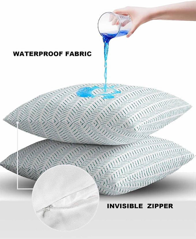 Turquoise Striped Outdoor Pillow Covers Waterproof,All Weather Cushion Case Set of 2 Decorative Pillowcases for Sofa Couch Bed Decor Patio Furniture 18"x18" White Geometric Minimalist Boho Striped
