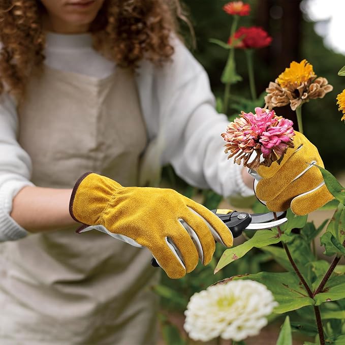 OZERO Leather Work & Gardening Gloves, EN388, Flex Grip, 3Pairs, Large | Flexible Grip, Keystone Thumb, Elastic Wrist, Breathable Unlined Comfort for Yard Work, Firewood, Landscaping and Farm Tasks