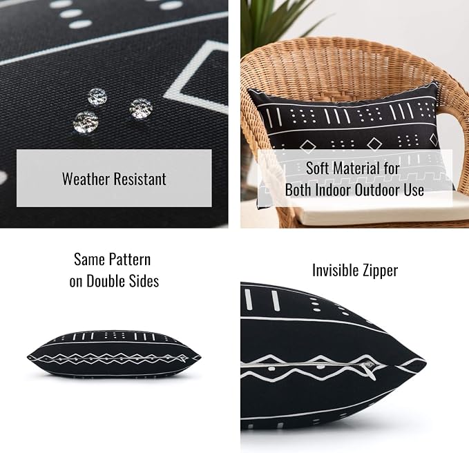 Hofdeco Mudcloth Inspired Patio Indoor Outdoor Lumbar Pillow Cover ONLY for Backyard, Couch, Sofa, Black Lines Dashes, 12"x20"