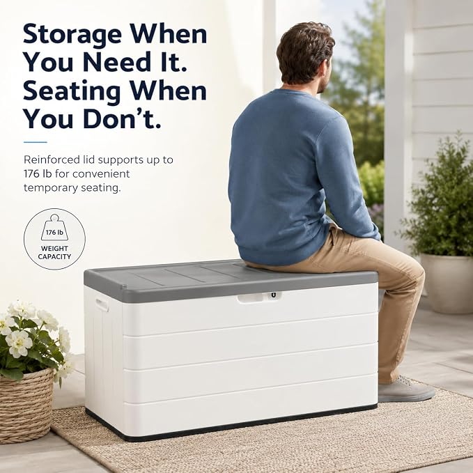 ADDOK 110 Gallon Outdoor Deck Box, Large Waterproof Resin Storage Box with Lid Support Rod, Lockable Lid and Side Handles, Patio Cushion Storage Bench for Poolside, Garden and Backyard, White