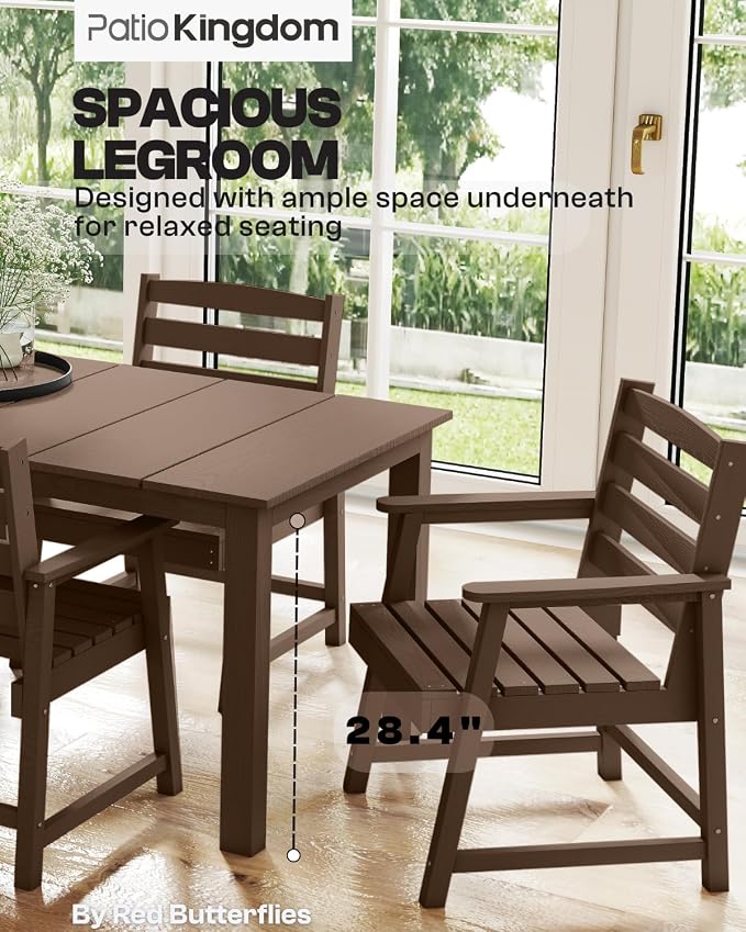 HDPE 5-Piece Outdoor Dining Set with Armchairs, Brown | All Weather Patio Table and Chairs with Umbrella Hole, Patio Furniture Dining Set for Lawn, Garden, Deck, Backyard
