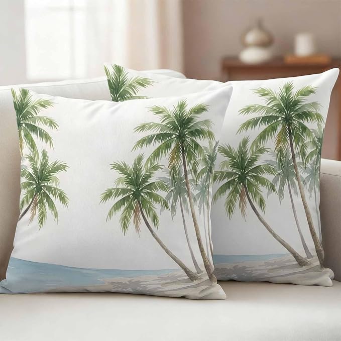 Yukro Coastal Beach Palm Tree Outdoor Waterproof Pillow Covers Pack of 2, Watercolor Coconut Tree Summer Throw Pillowcases Decorative Cushion Covers for Garden Patio Tent Sofa Couch, 18x18 inch