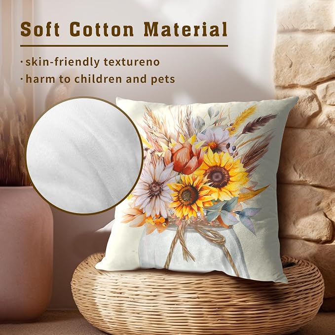 Fall Throw Pillow Covers 22x22 Inch Set of 2, Rustic Yellow Sunflower Autumn Harvest Farmhouse Pillowcase Cotton Linen Cushion Cover Decor for Sofa Couch Living Room Outdoor