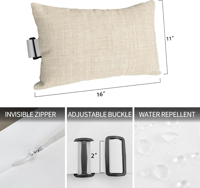 Outdoor Lumbar Pillow Set of 2, Cream Waterproof Beach Headrest Pillow with Inserts, Farmhouse Vintage Cream Solid Color Modern Recliner Throw Pillows for Patio Furniture, 11 x 16