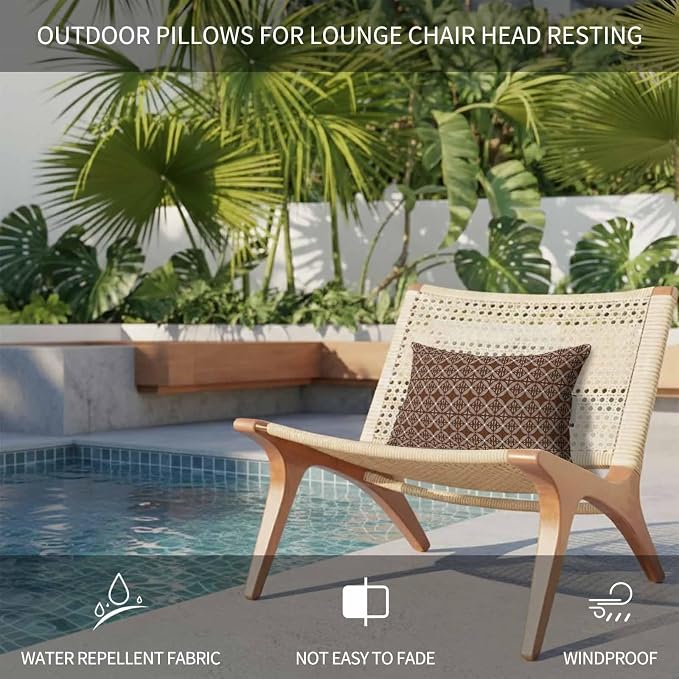 Brown Geometric Abstract Outdoor Pillows for Chaise Lounge Chair Beach Headrest Pillow Set of 2 Waterproof Lumbar Pillows with Insert&Strap Contemporary Modern Art Pillow for Patio Pool 12"x20"