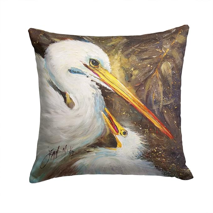 Caroline's Treasures JMK1211PW1414 White Egret Feeding Baby Fabric Decorative Pillow Machine Washable, Indoor Outdoor Decorative Pillow for Couch, Bed or Patio, 14Hx14W