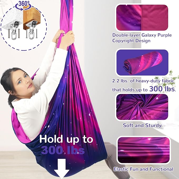 Sensory Swing for Kids Indoor & Outdoor Double Layer Therapy Cuddle Swing with 360° Swivel Hanger Kit Adjustable Swings for Child and Adult with Aspergers Autism (Galaxy Purple)