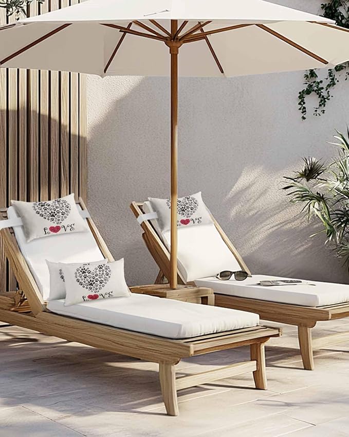 Outdoor Pillows Covers with Inserts Rose Love Dog's Paws Shape Heart Waterproof Recliner Pillow with Adjustable Strap Throw Pillows for Patio Furniture Pool Lounge Chair, 11x16 inch, 1PCS