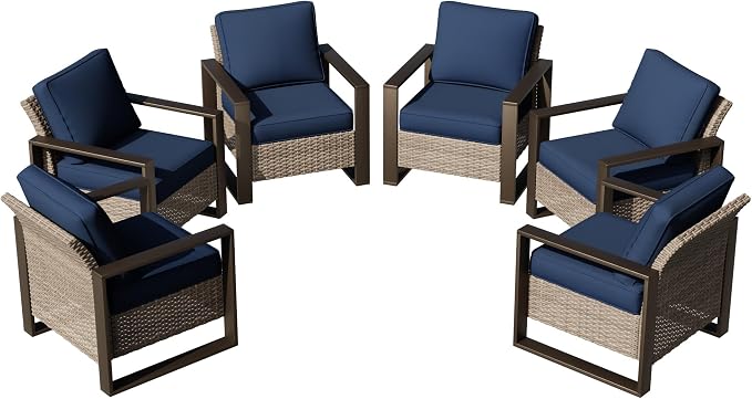 Joyside Outdoor Patio Chairs Set, 6 Pieces Wicker Rattan Chairs with Metal Wide Armrest, Thick Cushions and Deep Seating for Garden, Backyard, Porch, Deck