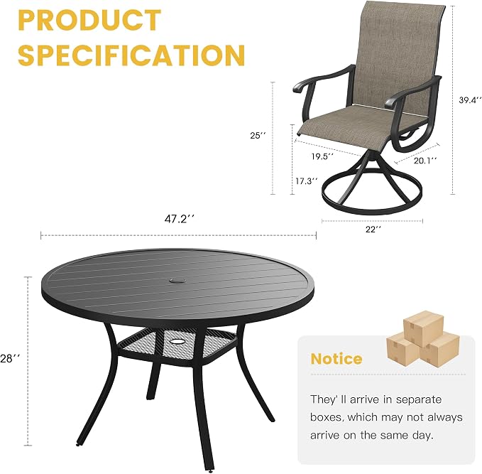 VICLLAX Patio Dining Set for 6, 7 Pieces Outdoor Furniture Includes 47.2" Round Patio Table with Umbrella Hole and 6 Outdoor Swivel Chairs for Lawn Garden, Black Tabletop and Mixed Brown Fabric