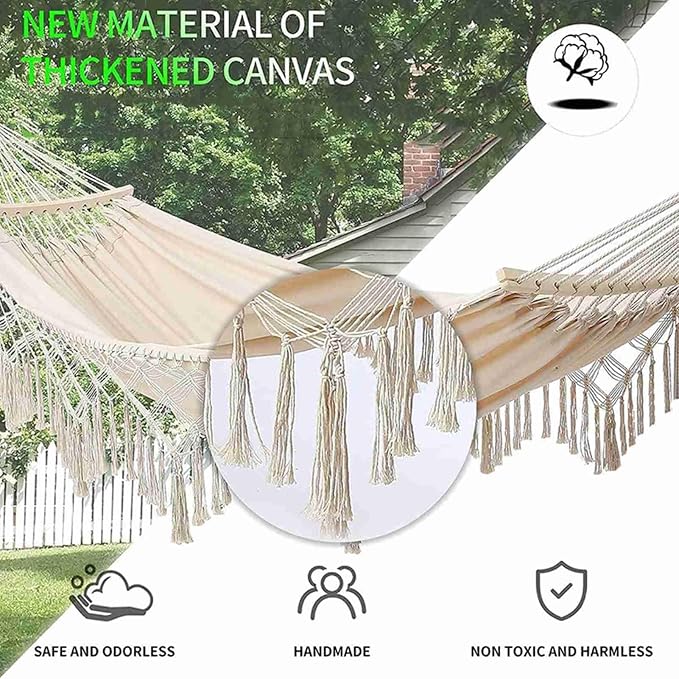 Canvas Hammock, 2 Person Foldable Hanging Swing Hammock with Tassels for Beach Yard Bedroom Patio (White)