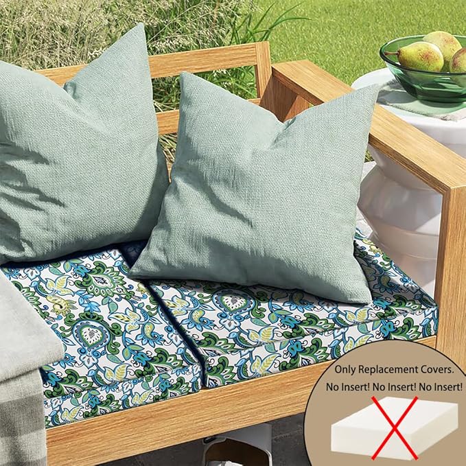 Magpie Fabrics Indoor Outdoor Cushion Cover Replacement 2 Pack, NO Insert! Water Repellent Slipcover with Ties Decor for Patio Garden Chair Seat Sofa Bench Wicker(Botanical Blue Green, 22x20x4 Inch)