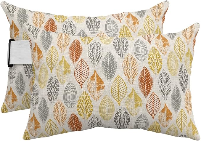 Outdoor Pillows Covers with Inserts Leaves Specimens Grey Yellow Orange Burlap Waterproof Pillow with Adjustable Strap Throw Pillows for Patio Furniture Recliner Lounge Chair, 12x20 inch, 2PCS