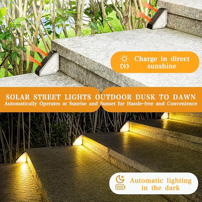 Upgraded Wireless Solar Step Lights. 5X Longer Life Than Ordinary. Strong 3M Adhesive + Screws. IP65 Waterproof for Stairs/Decks/patios. Reliable Performance (Warm White)